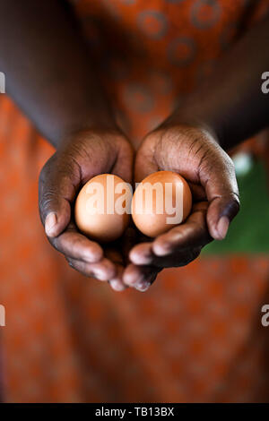 Black African woman holding two eggs in her hands Stock Photo