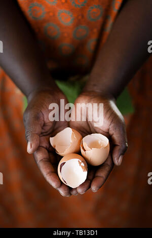 Black African woman holding broken empty egg shells in her hands Stock Photo