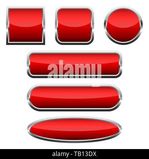 Set of blank red glossy buttons. Vector illustration. Collection of buttons with chrome frames Stock Vector