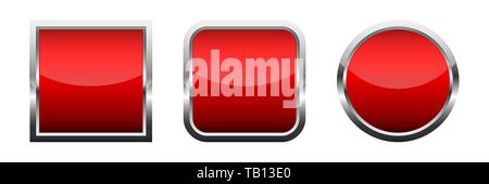Set of blank red glossy buttons. Vector illustration. Collection of buttons with chrome frames Stock Vector