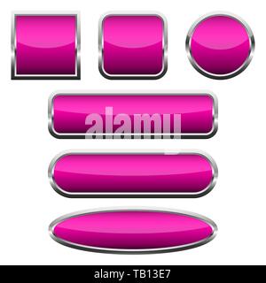 Set of blank pink glossy buttons. Vector illustration. Collection of buttons with chrome frames Stock Vector