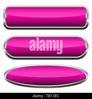 Set of blank pink glossy buttons. Vector illustration. Collection of buttons with chrome frames Stock Vector