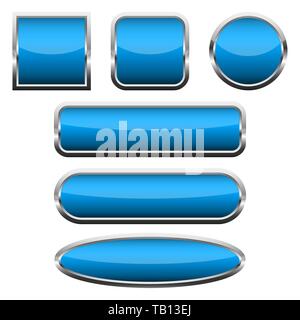 Set of blank blue glossy buttons. Vector illustration. Collection of buttons with chrome frames Stock Vector