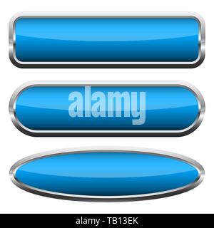 Set of blank blue glossy buttons. Vector illustration. Collection of buttons with chrome frames Stock Vector