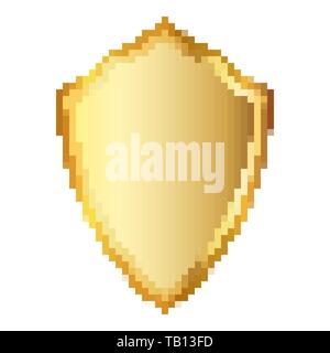 Pixel art design of shield. Vector illustration. Gold Shield icon in pixel style isolated Stock Vector