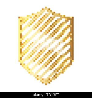 Pixel art design of shield. Vector illustration. Gold Shield icon in pixel style isolated Stock Vector