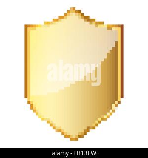 Pixel art design of shield. Vector illustration. Gold Shield icon in pixel style isolated Stock Vector