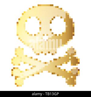 Gold Skull with cross bones in pixel art style. Vector illustration. Isolated human Skull in flat style Stock Vector