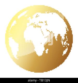 Gold globe Earth in pixel art style. Vector illustration. Isolated Earth globe symbol in flat style Stock Vector