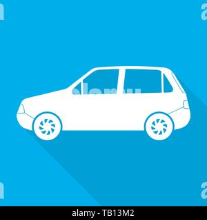 Car icon with long shadow. Vector Illustration. Automobile in flat style, on blue background Stock Vector