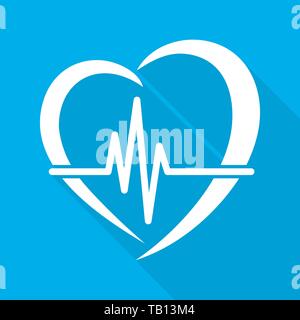 White heart with heartbeat line. Vector illustration. Heart with long shadow on blue background. Stock Vector