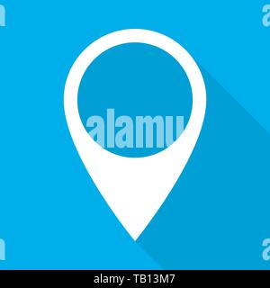 Location symbol with long shadow. Vector Illustration. Map pointer in flat style, on blue background Stock Vector
