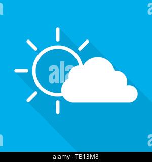 The sun behind a cloud in flat style. Vector illustration. White weather icon on blue background Stock Vector