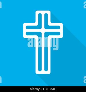 White christian cross icon on blue background. Abstract christian cross with long shadow. Vector illustration. Stock Vector