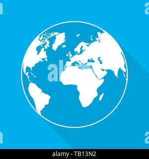 Globe Earth icon in flat design. Planet Earth with long shadow on a blue background. Vector illustration. Stock Vector