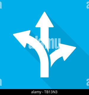 Three-way direction Arrow with long shadow. Vector Illustration. Arrow in flat style, on blue background Stock Vector