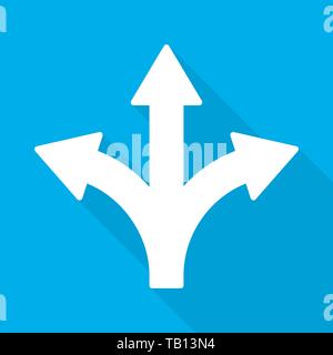 Three-way direction Arrow with long shadow. Vector Illustration. Arrow in flat style, on blue background Stock Vector