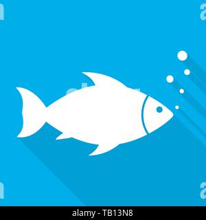 Abstract Fish icon with long shadow. Vector Illustration. Fish icon in flat style, on blue background Stock Vector