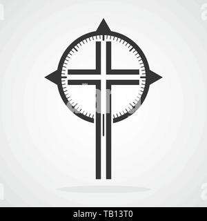 Gray Christian Cross icon with Compass. Vector illustration. Concept christian symbol in flat design. Stock Vector