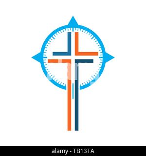 Color Christian Cross icon with Compass. Vector illustration. Concept christian symbol in flat design. Stock Vector