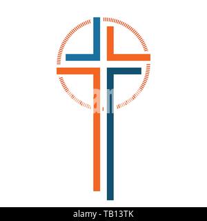 Colored Christian cross icon. Vector illustration. Abstract linear Christian cross on white background. Stock Vector