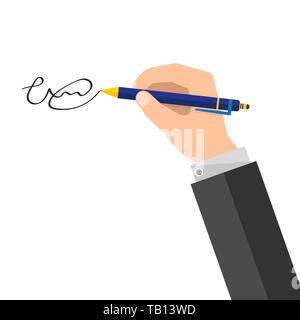 Signature of man. Signing document. Vector illustration. Hand with pen in flat design Stock Vector