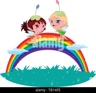 beautiful magic fairies with rainbow scene vector illustration design Stock Vector