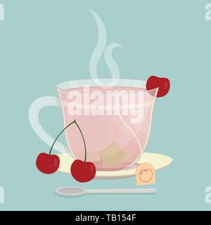 Cup of cherry tea. Tea sachet with group of cherries on the saucer. Smoke on the drink. Spoon in front of cup. Stock Vector