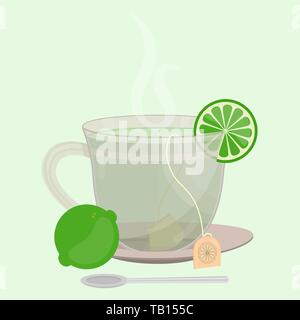 Cup of lemon tea. Tea sachet with lemon on the saucer. Slice of lemon in the cup. Smoke on the drink. Spoon in front of cup. Stock Vector