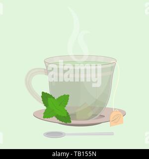 Cup of mint tea. Tea sachet with mint branch on the saucer. Smoke on the drink. Spoon in front of cup. Stock Vector