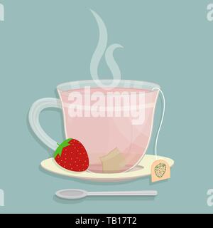 Cup of strawberry tea. Tea sachet with strawberry on the saucer. Smoke on the drink. Spoon in front of cup. Stock Vector