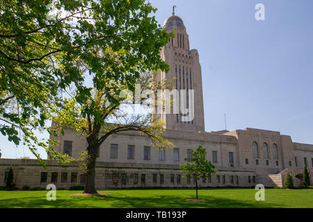 The Nebraska State Capitol is the seat of government for the U.S. State of Nebraska and is located in downtown Lincoln, Nebraska. Stock Photo