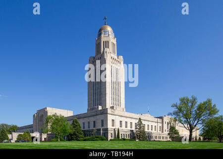 The Nebraska State Capitol is the seat of government for the U.S. State of Nebraska and is located in downtown Lincoln, Nebraska. Stock Photo