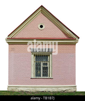Facade of a simple no name rustic brick pink plastered barn. Isolated un white with path rural landscape Stock Photo