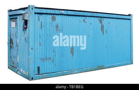 Rustic barn for agricultural tools made of blue  aged old cargo shipping container. Isolated on white with patch Stock Photo