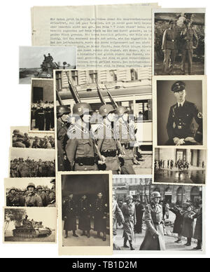 A large original photo grouping of a member of SS Infantry Regiment no. 2 in SS Panzergrenadier Division Leibstandarte Adolf Hitler, The circa 550 photos have reverse inscriptions for the most part and are in sizes from 6 x 7 cm to 13 x 18 cm. Subjects comprise training, partly at the Junker School in Braunschweig, service in Berlin among which are rare images directly from the new Reich Chancellery, and predominately operations in France and Russia. Excellent uniform-related material (camo uniforms), trenches, tanks and vehicles, award ceremonies, parades. Portraits with c, Editorial-Use-Only Stock Photo