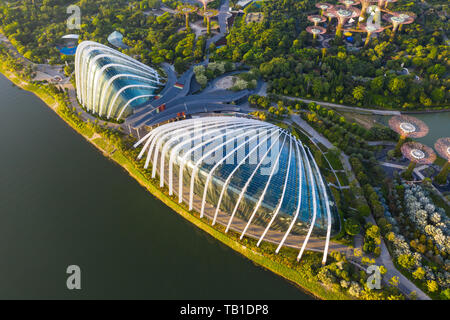 Gardens by the Bay domes from aerial perspective in the morning, Singapore Stock Photo