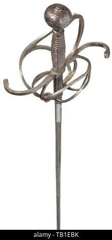 A German or Italian rapier, circa 1600, Assembled from old parts. Slender thrusting blade of diamond section with flattened medial ridge. The upper quarter with narrow fuller on both sides, the ricasso struck with a mark on either side. Plain iron swept hilt with S-shaped, curved quillons. Grip dating from circa 1700 with elaborate iron wire wrap and Turk's heads. Pear-shaped pommel richly engraved with acanthus leaves. Length 112 cm. sword, swords, weapons, arms, weapon, arm, fighting device, military, militaria, object, objects, stills, clippin, Additional-Rights-Clearance-Info-Not-Available Stock Photo