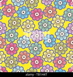 Doodle flowers seamless pattern, colorful floral background. Multicolored with purple stroke buds on yellow backdrop, hand drawing, ornament for fabri Stock Vector