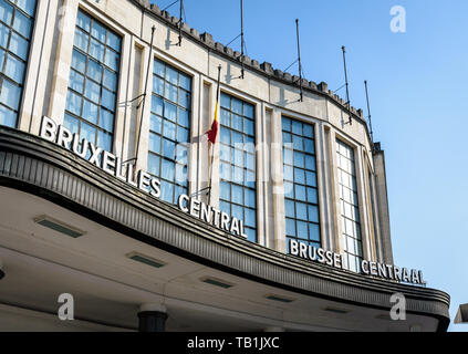 Bruxelles Central and Brussel Centraal, the french and dutch names of the central train station, displayed in white letters above the main entrance. Stock Photo