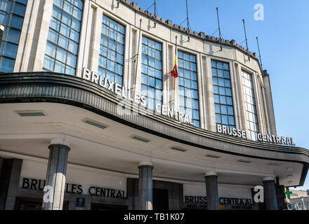 Bruxelles Central and Brussel Centraal, the french and dutch names of the central train station, displayed in white letters above the main entrance. Stock Photo