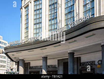 Bruxelles Central and Brussel Centraal, the french and dutch names of the central train station, displayed in white letters above the main entrance. Stock Photo