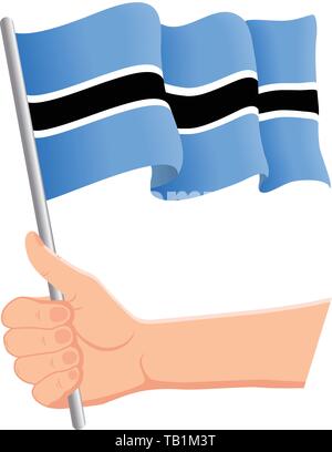 Hand holding and waving the national flag of Botswana. Fans, independence day, patriotic concept. Vector illustration, eps 10. Stock Vector