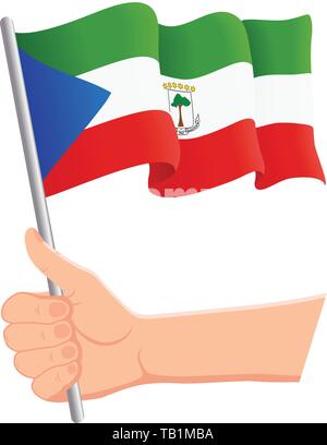 Hand holding and waving the national flag of Equatorial Guinea. Fans, independence day, patriotic concept. Vector illustration Stock Vector