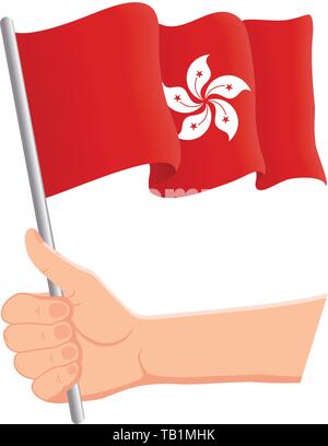 Hand holding and waving the national flag of Hong Kong. Fans, independence day, patriotic concept. Vector illustration Stock Vector
