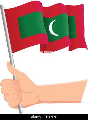 Hand holding and waving the national flag of Maldives. Fans, independence day, patriotic concept. Vector illustration Stock Vector