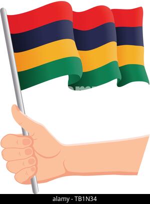 Hand holding and waving the national flag of Mauritius. Fans, independence day, patriotic concept. Vector illustration Stock Vector