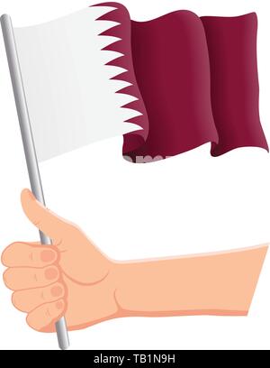 Hand holding and waving the national flag of Qatar. Fans, independence day, patriotic concept. Vector illustration Stock Vector