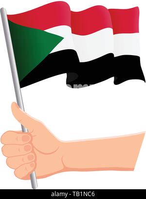 Hand holding and waving the national flag of Sudan. Fans, independence day, patriotic concept. Vector illustration Stock Vector