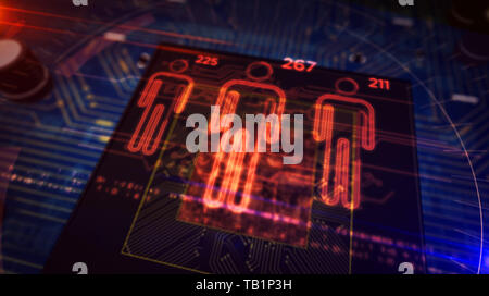 Social scoring concept with people symbols hologram over cpu in background. Futuristic concept of citizens profiling and analysing by artificial intel Stock Photo